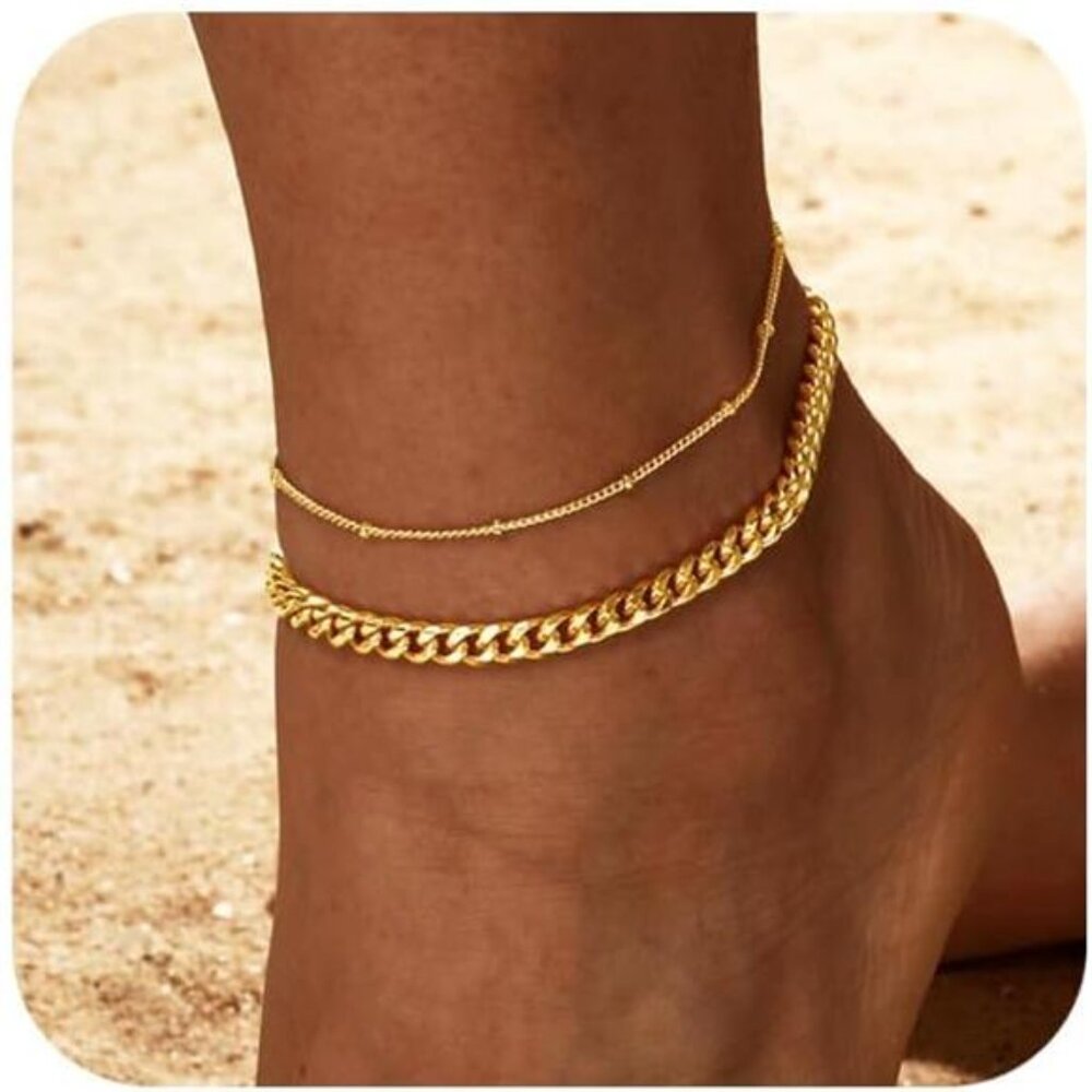 Gold Anklets for Women CZ Ankle Bracelet 14K Gold Plated Waterproof